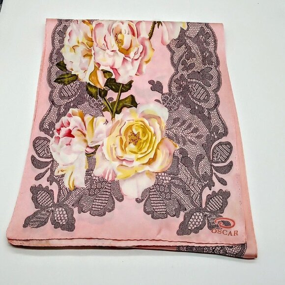 Vintage Oscar de la Renta Pink Rose Lace Oblong Silk Scarf - Picture 1 of 5